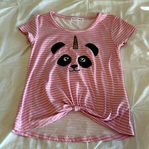 Knit Works Girl's Pink Stripes Sequined Panda Crew Neck Short Sleeves T-Shirt XS